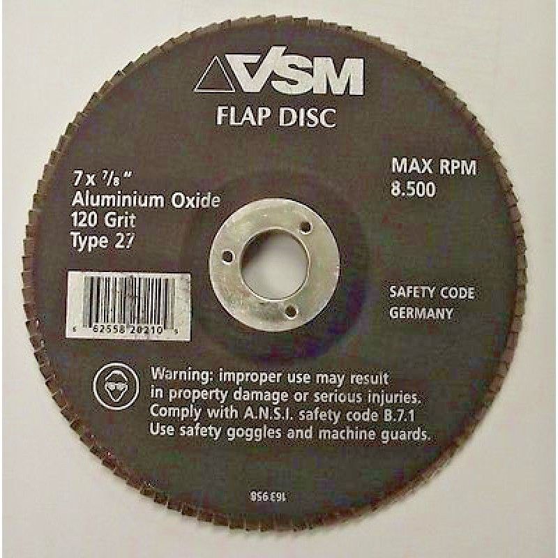 VSM 163 958 7" x 7/8" Aluminum Oxide 120 Grit Type 27 Flap Disc Germany