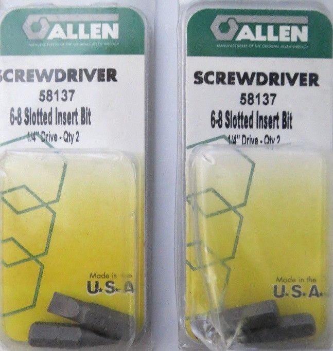 Allen 58137 2 PK 6-8 Screwdriver Slotted Insert Bits 1/4" Drive 2 Packs USA