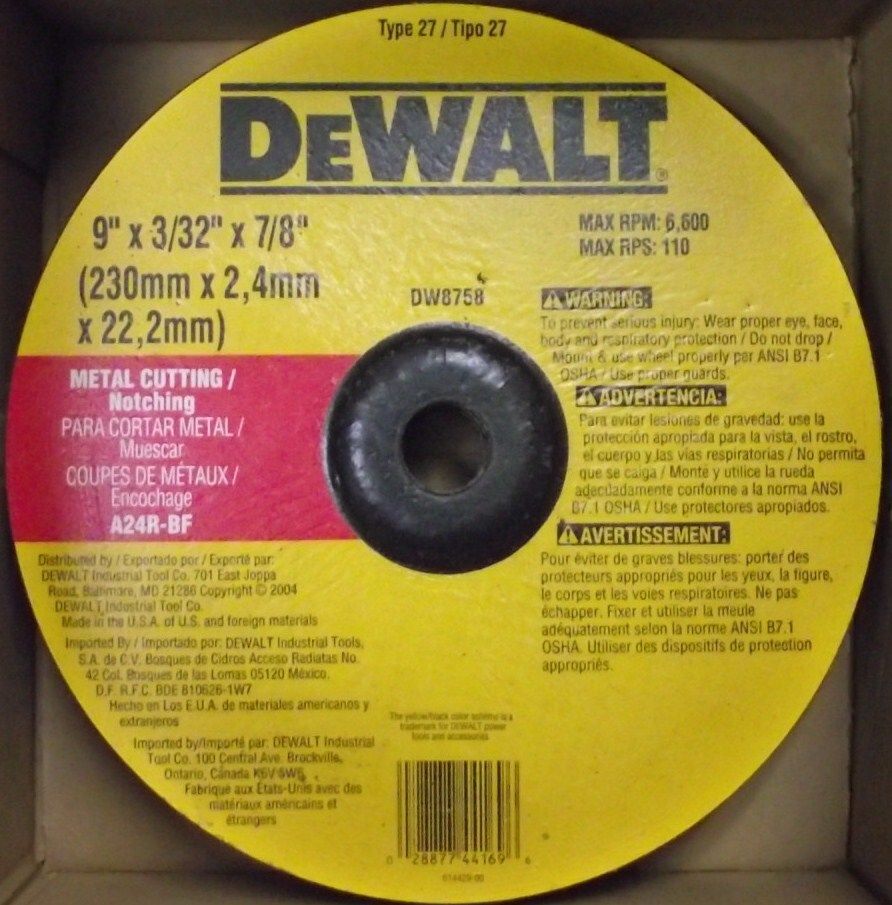 DeWalt DW8758 9" 3/32" 7/8" A24R-BF Metal Cutting Notching Wheel USA