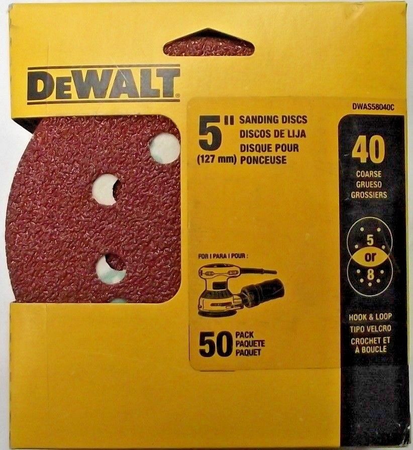 DEWALT DWAS58040C 40-Grit 5" Disc Sandpaper 5 Or 8 Hole Hook & Loop 50-Pack
