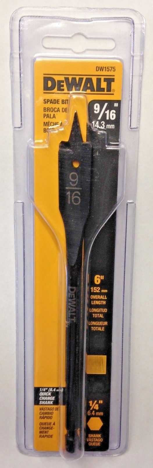 Dewalt DW1575 9/16" x 6" Wood Spade Drill Bit With 1/4" Quick Change Shank