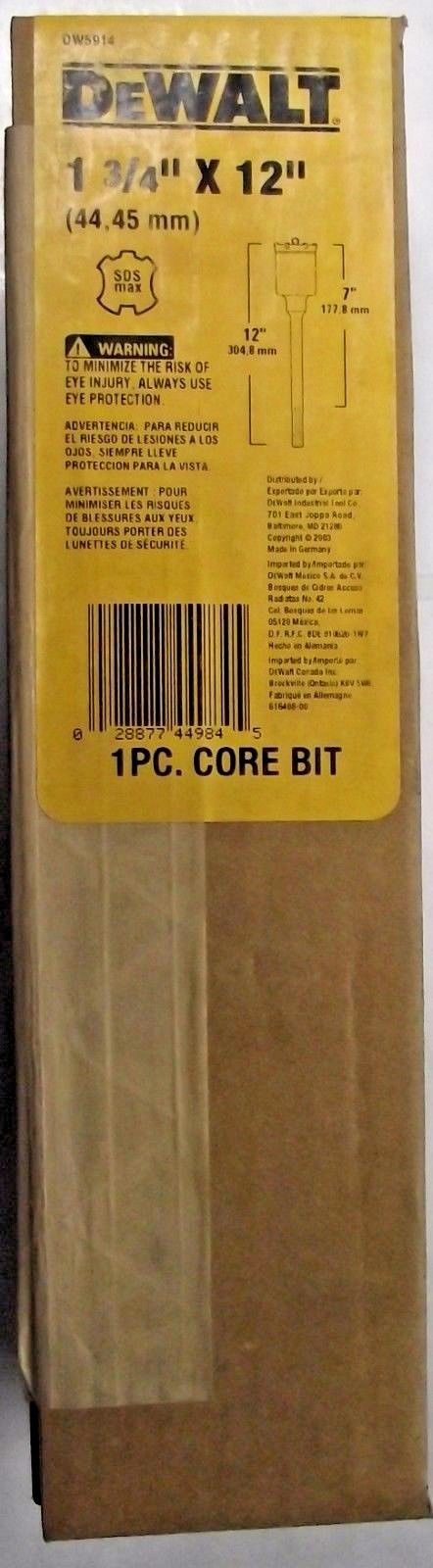 DeWalt DW5914 1-Piece 1-3/4" x 12 SDS Max Core Drill Bit Germany