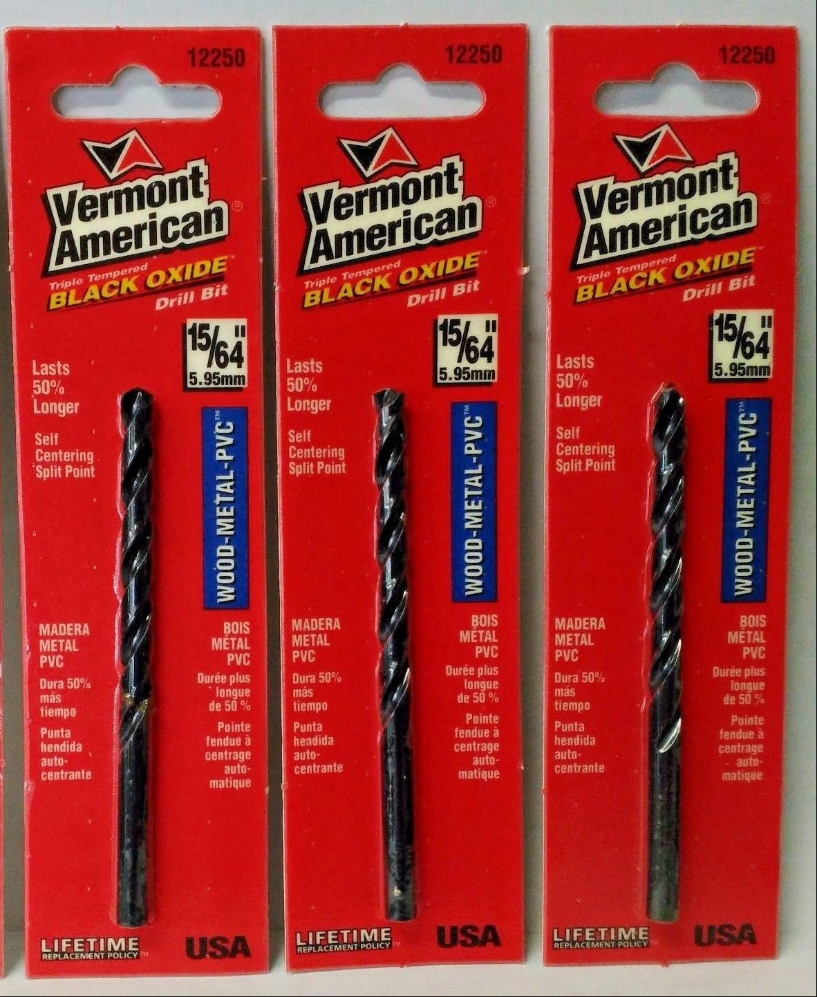 Vermont American 12250 15/64" x 3-7/8" Black Oxide Fractional Drill Bit USA 3PKS