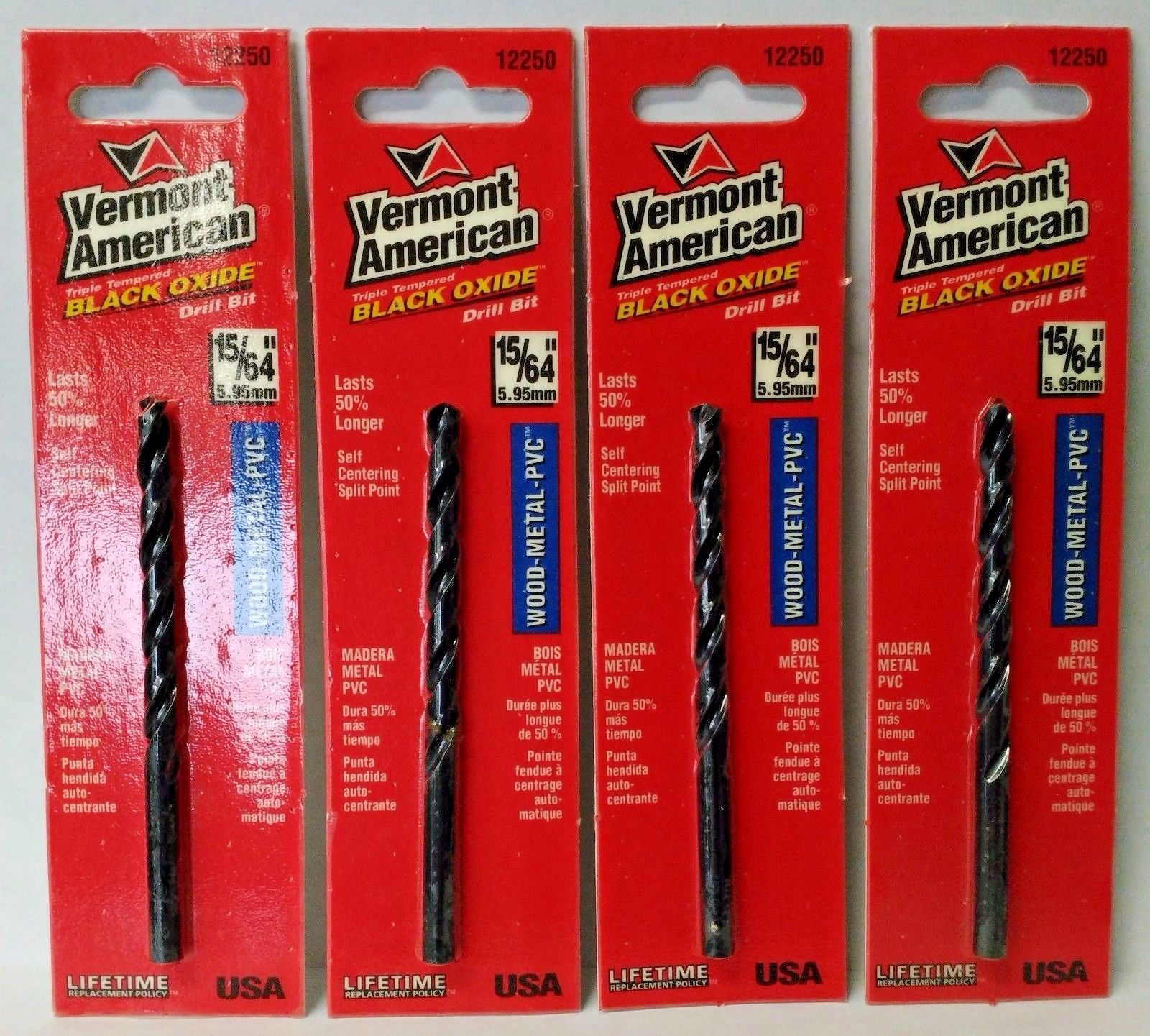 Vermont American 12250 15/64" x 3-7/8" Black Oxide Fractional Drill Bit USA 4PKS