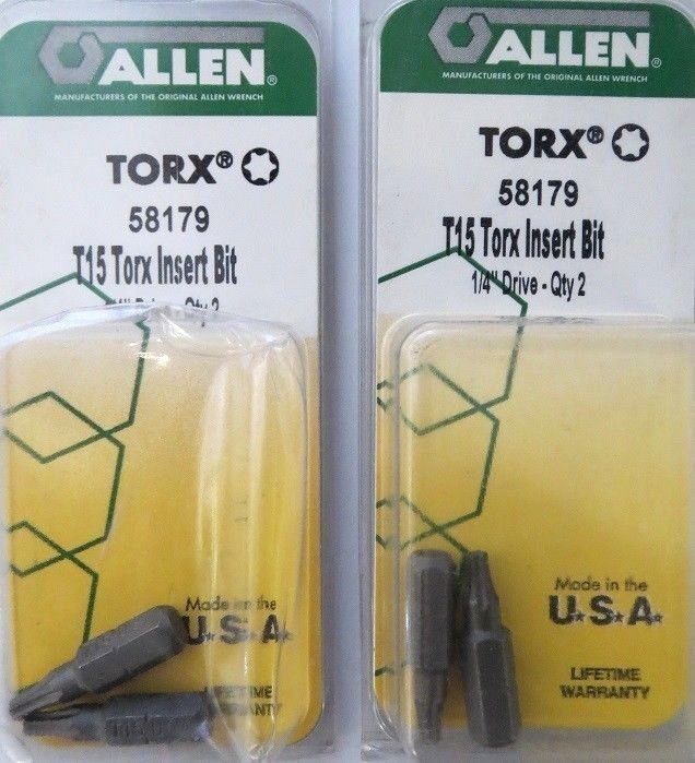 Allen 58179 2 Pack T15 Torx Insert Bits 1/4" Drive 2 Packs USA