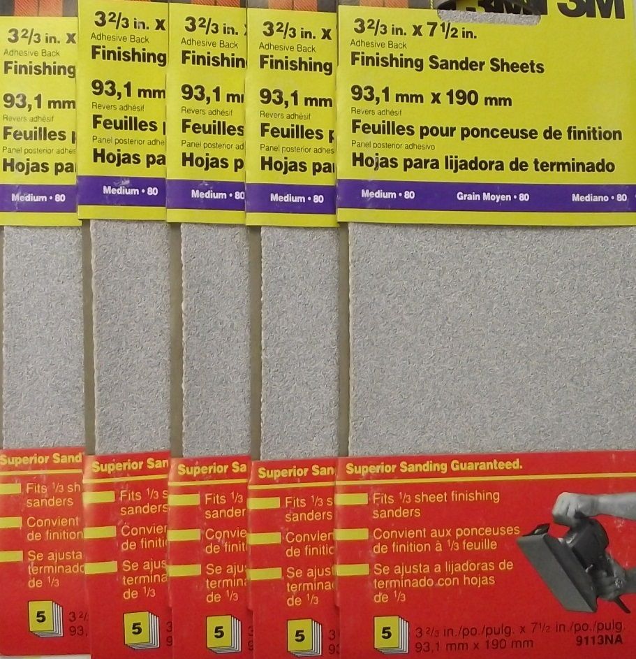 3M 9113NA 1/3 Sheet Clamp On Sandpaper 80 Grit 5pcs. x 5Pks 25 Sheets