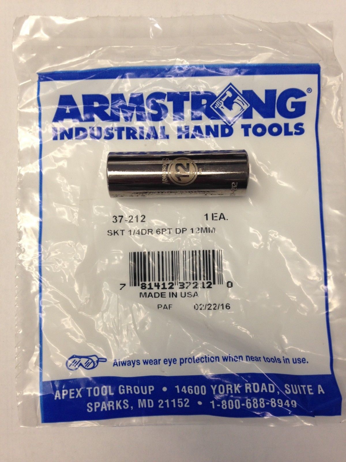 Armstrong 37-212 1/4" Drive 6 Point Deep Socket 12mm USA