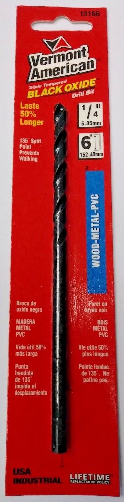 Vermont American 13166 1/4" x 6" Black Oxide Wood / Metal / PVC Drill Bit