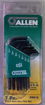 Allen 59816 Short Key Set 7 Pieces, 5/64 to 3/16 in Hex, Alloy Steel USA