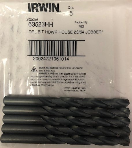 Irwin 63523HH 23/64" Jobber Length HSS Drill Bit USA 5pcs.