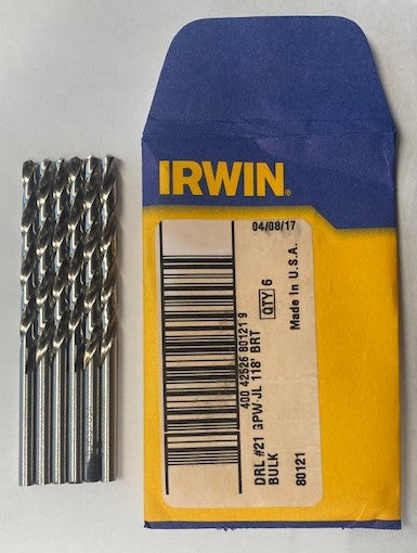 IRWIN 80121 #21 HSS Wire Gauge Drill Bits Tools SPW JL 118' Pack of 6 USA