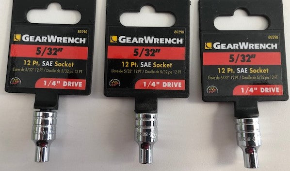 GearWrench 80290 1/4" Drive 12 Point Standard SAE Socket 5/32" 3 pcs