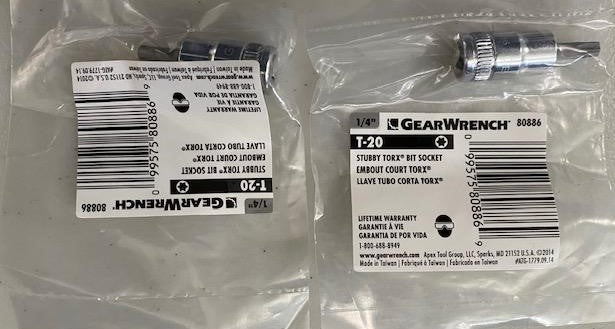GearWrench 80886 1/4" Dr Stubby Bit Socket T-20 2pcs.