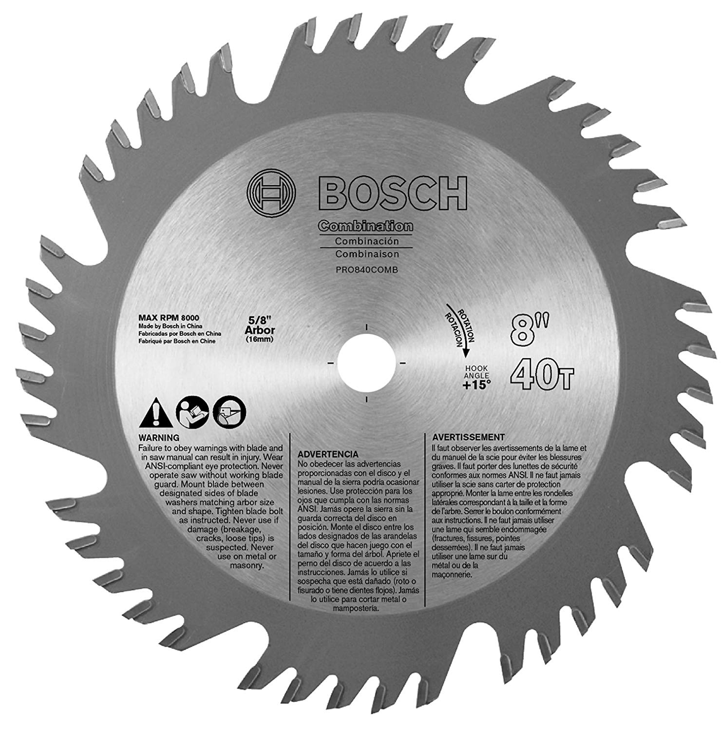 Bosch PRO840COMBB 8" x 40T Combination Saw Blade 5/8" Arbor