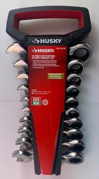 Husky 1002334440 SAE and Metric Stubby Combination Ratcheting Wrench Set (10-Piece)