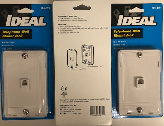 Ideal 85-219 White Telephone Wall Mount Jack RJ-11, 2 Pair (3 Packs)