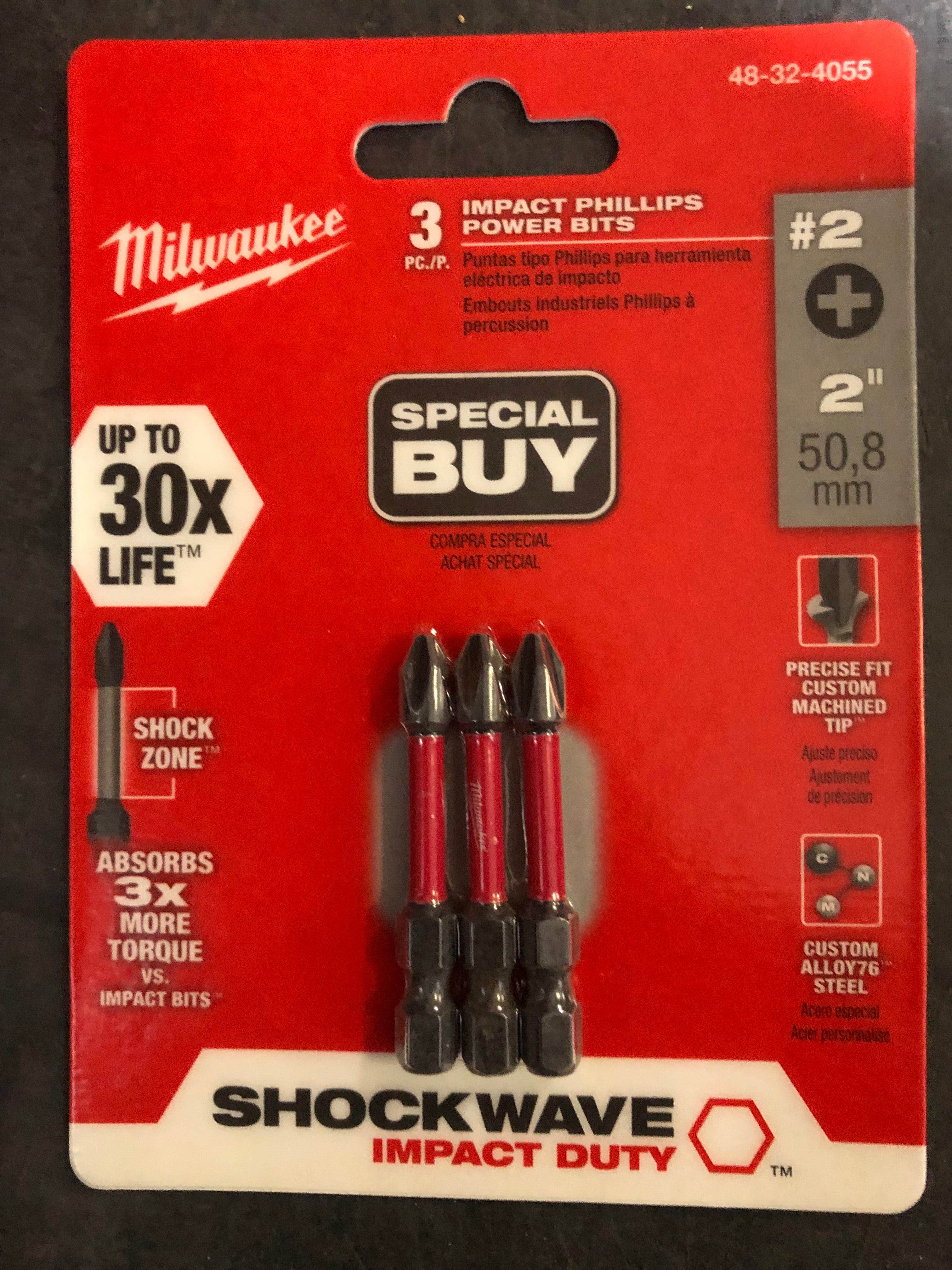 Milwaukee 48-32-4055 #2 x 2" Impact Phillips Bits Shock Zone Drill 3pk