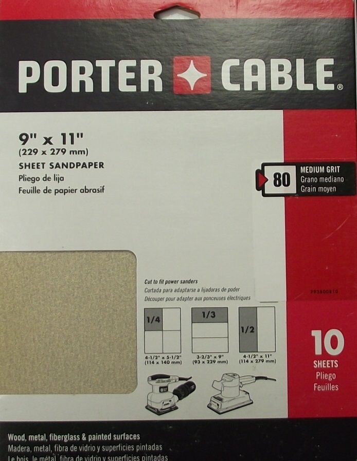Porter-Cable 793800810 9" x 11" Aluminum Oxide 80 Grit Sheet Sandpaper 10 Pack