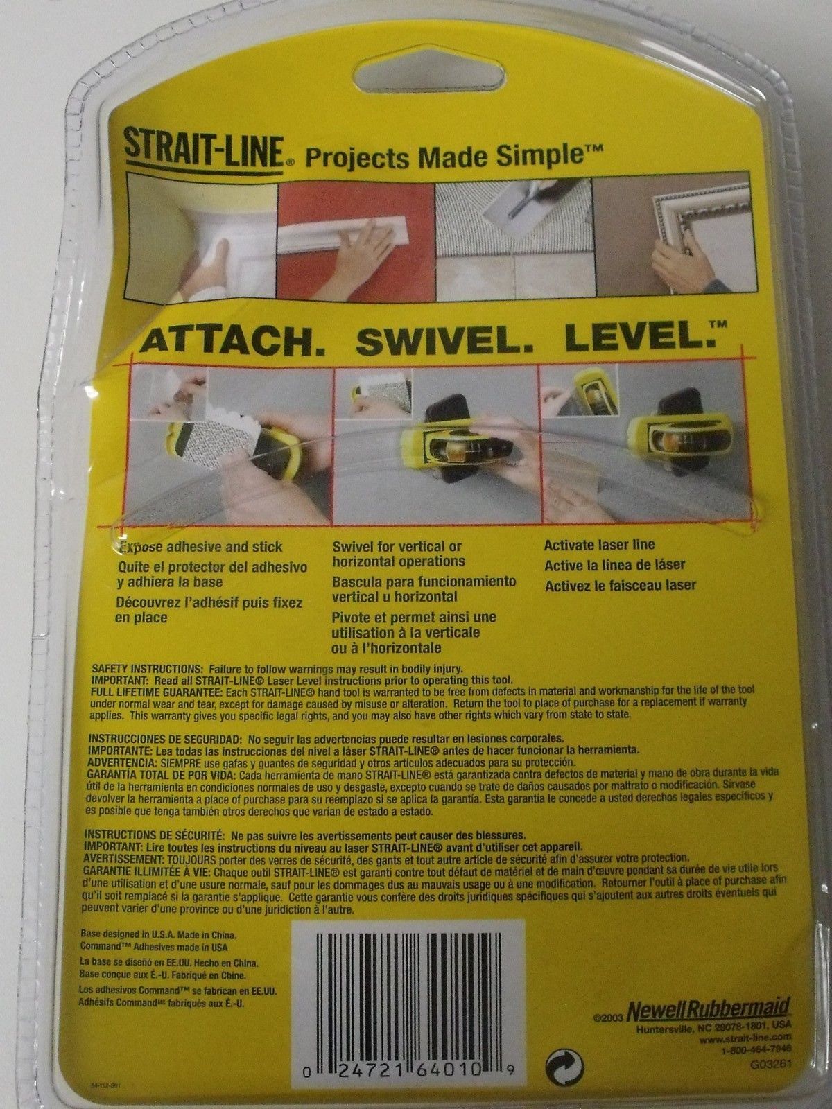 Strait Line Laser Level Swivel Base W/12 3M Command Adhesive Strips #64010