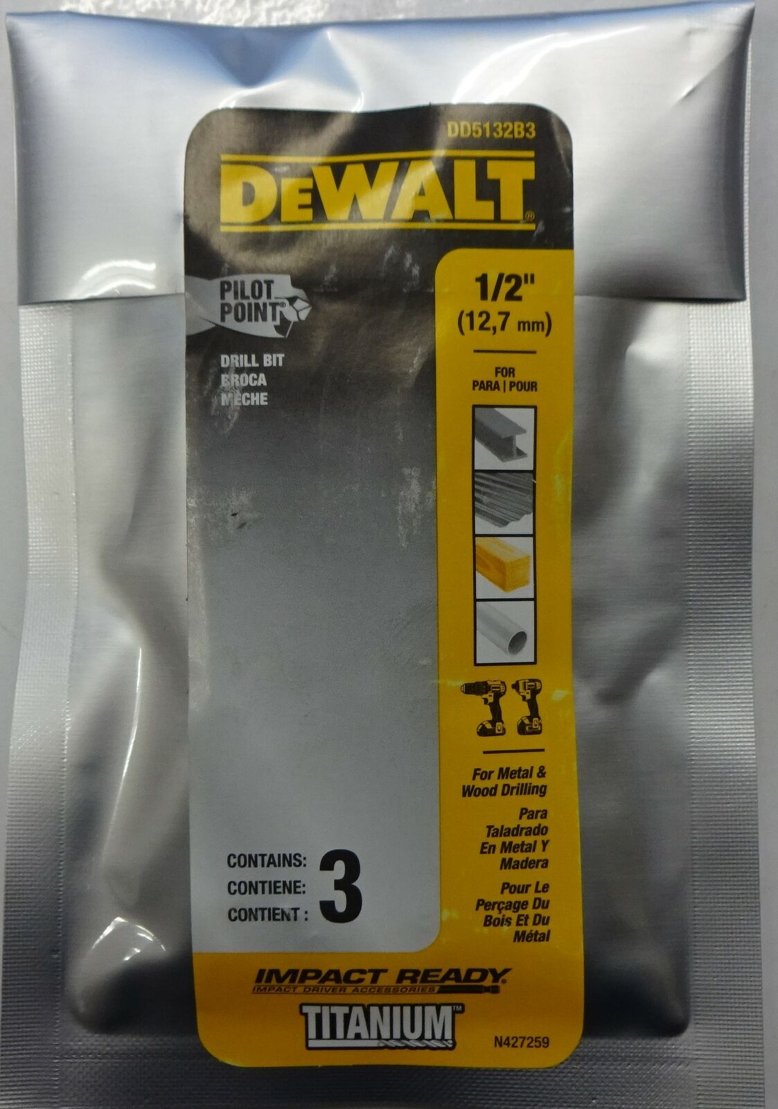 Dewalt DD5132B3 1/2" Titanium Hex-Shank Drill Bits Impact-Ready Pilot Point 3-pk
