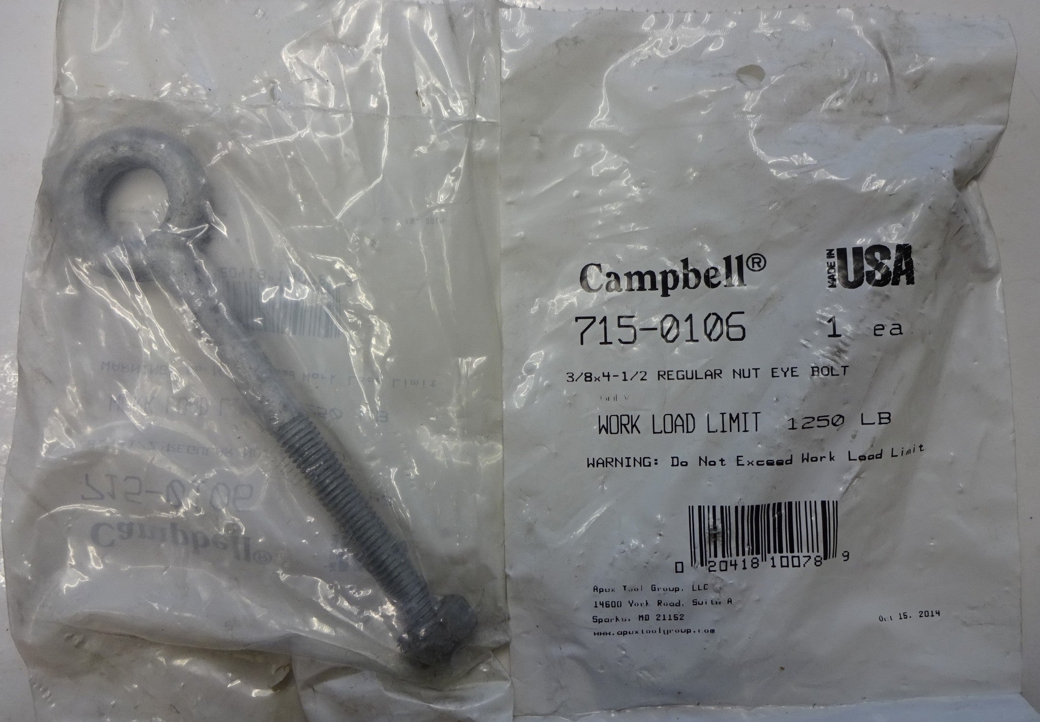 Campbell 715-0106 Nut Eye Bolt 3/8" X 4-1/2" Galvanized Steel 1250lb USA 2pcs.