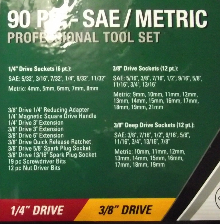 Masterforce BMF19109003N 90 Piece 3/8" & 1/4" Drive SAE / Metric Tool