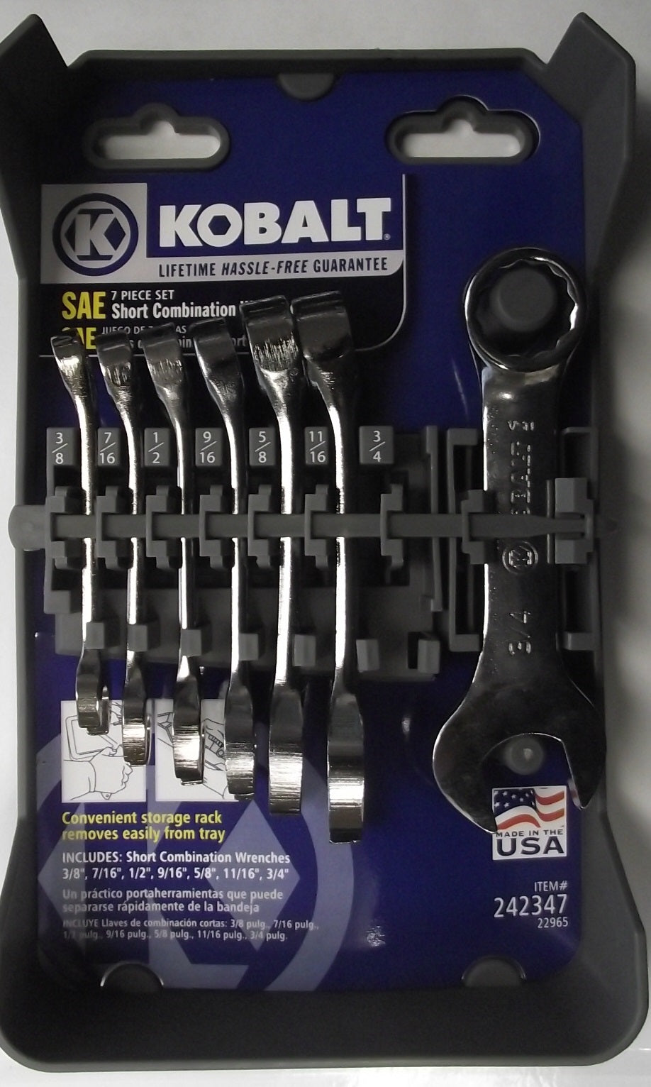 Kobalt 22965 7 Piece SAE Short Combination Wrench Set 12 Point USA