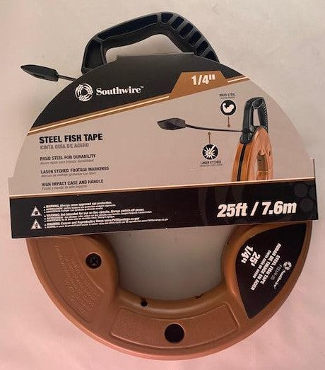 Southwire FTS1/4-25 25' 1/4" Steel Fish Tape Impact Durable Case Rigid Steel