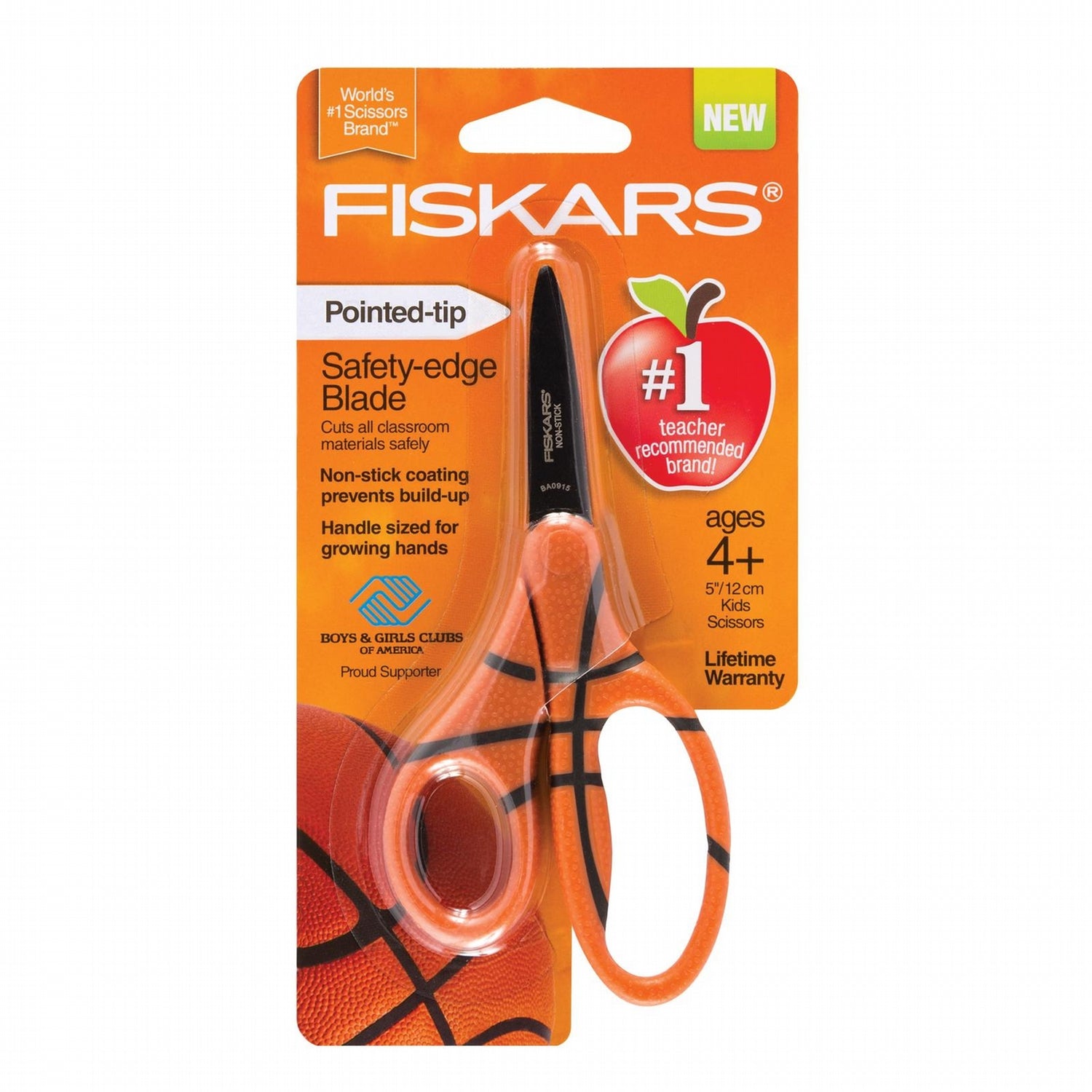 Fiskars 134302-1001 Basketball MVP 5" Non-Stick Pointed Tip Kid Scissors & Ruler