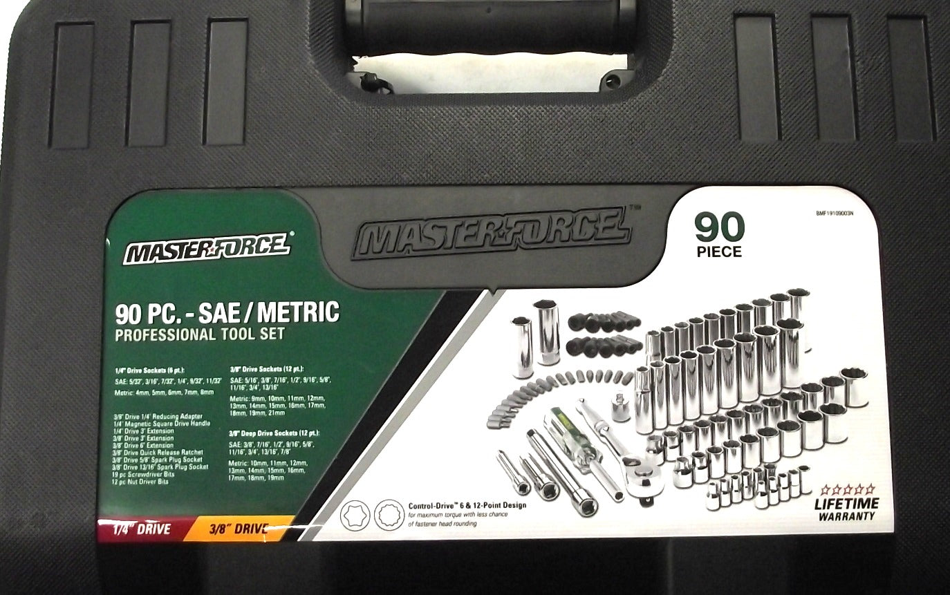 Masterforce BMF19109003N 90 Piece 3/8" & 1/4" Drive SAE / Metric Tool Set