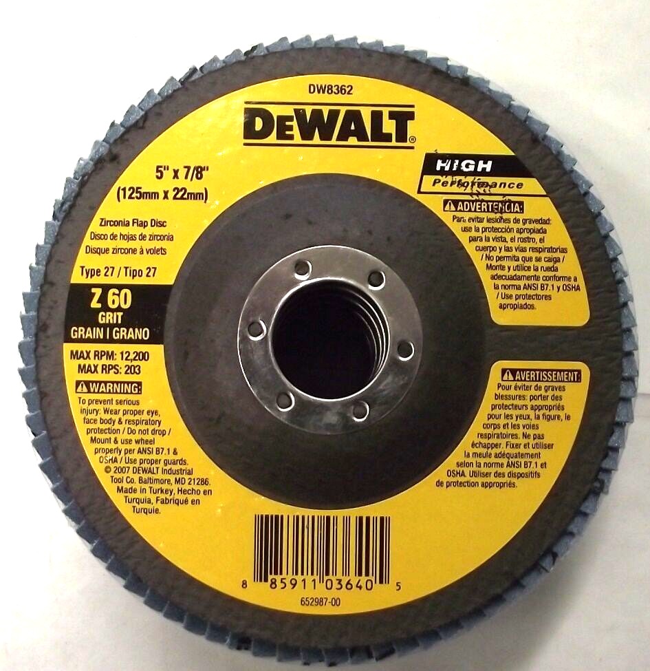 DEWALT DW8362 5" x 7/8" Z60 Grit Zirconia Flap Disc 5pcs