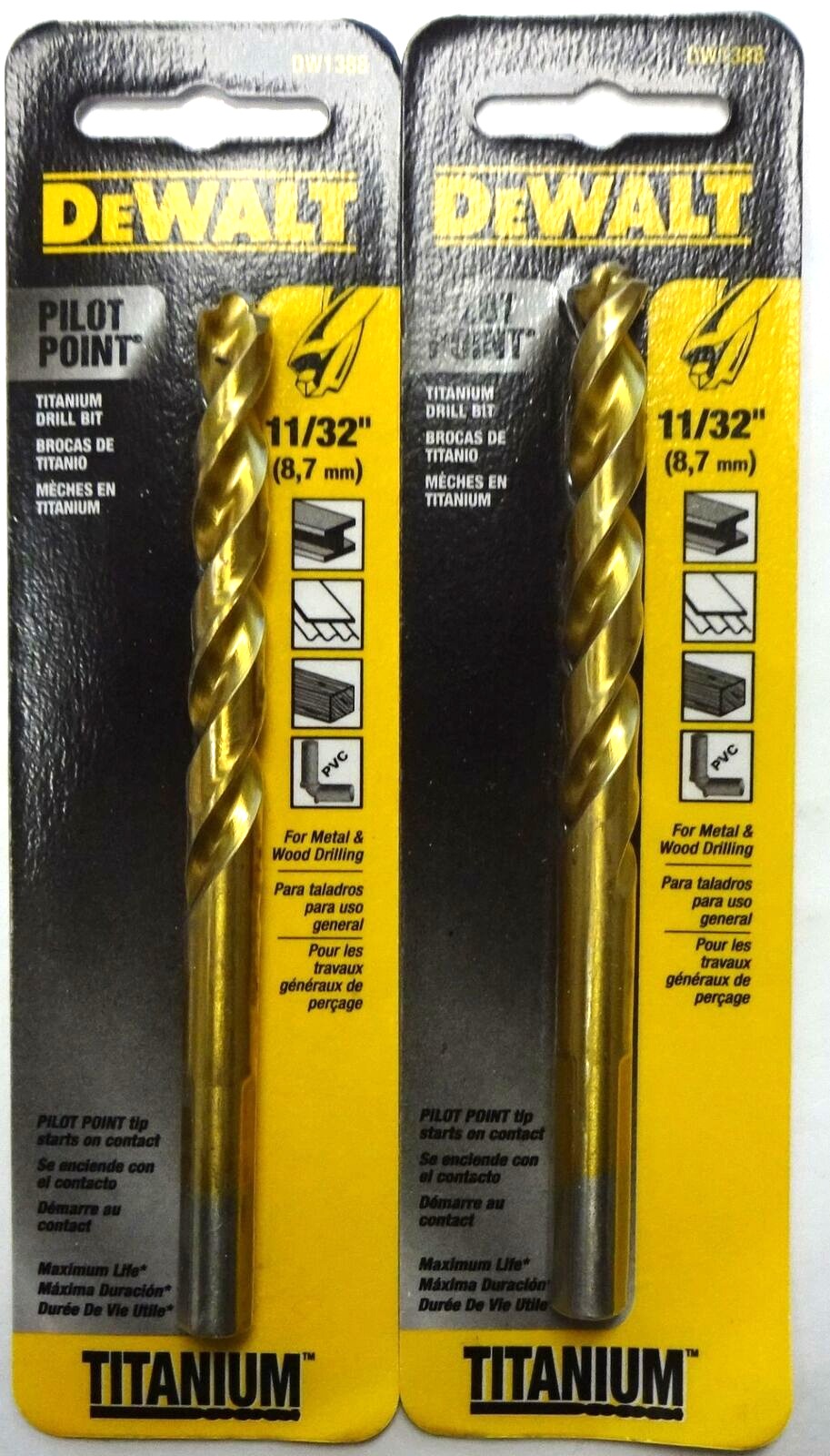 Dewalt DW1388 11/32" Titanium Pilot Point Drill Bit 2 Packs