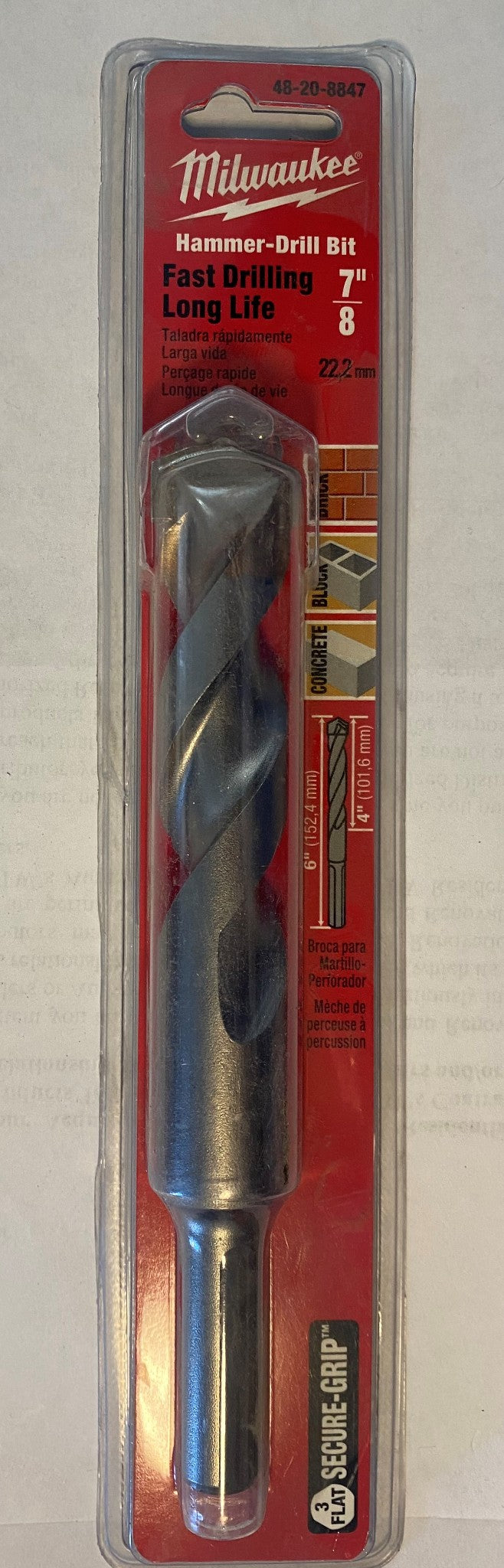 Milwaukee 48-20-8847 3-Flat Hammer-Drill Bit 7/8 in. x 4 in. x 6 in. Germany