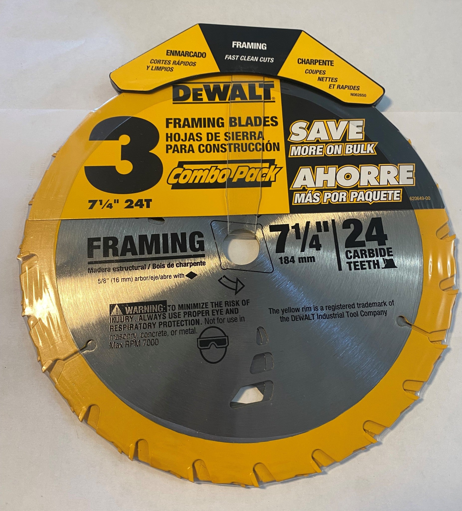 DEWALT DW3578B3 3PK 7-1/4" x 24 Tooth Carbide-Tipped Framing Circular Saw Blade