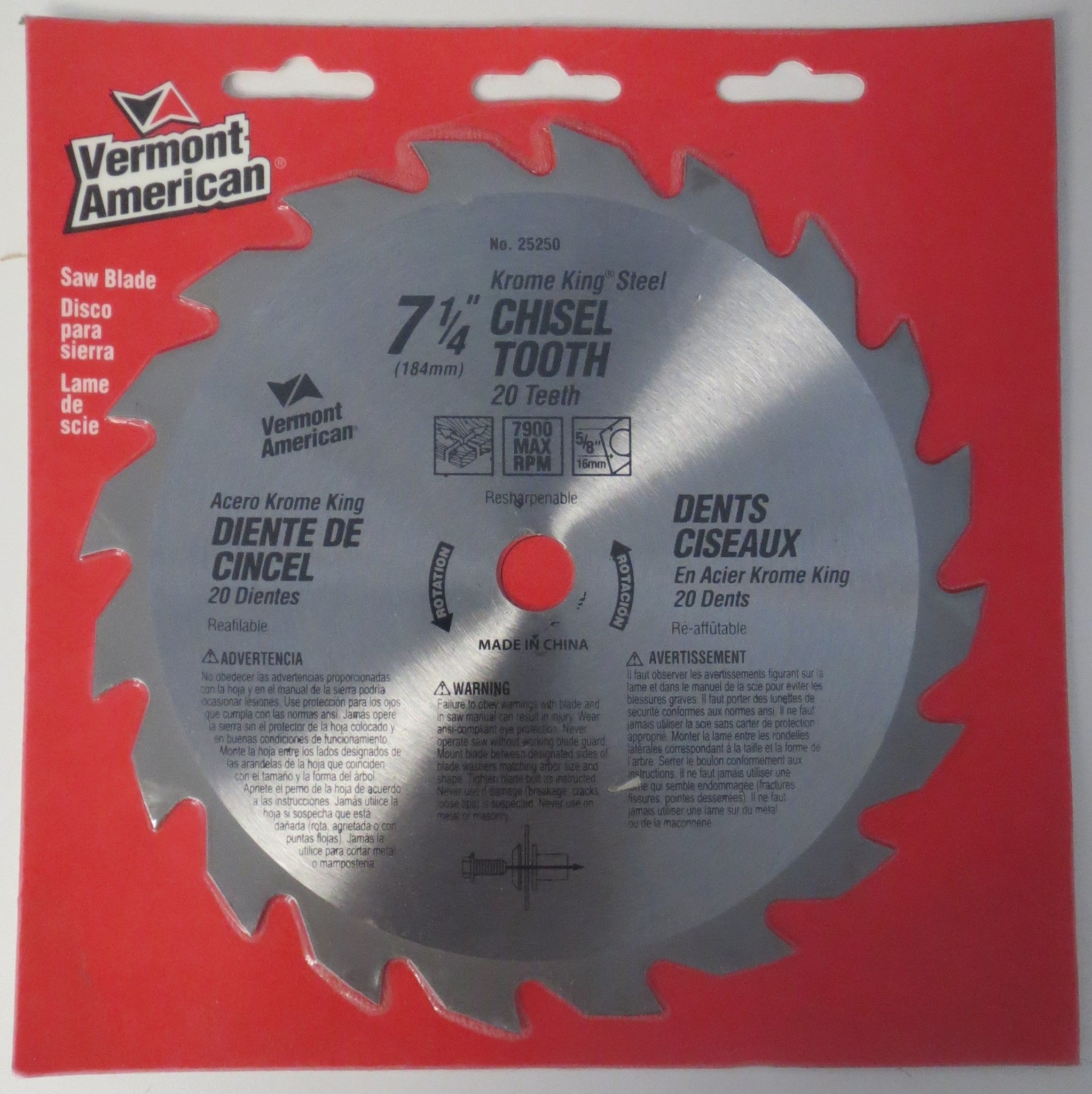Vermont American 25250 Krome King Steel 7-1/4" Chisel Tooth x 20 Teeth Saw Blade
