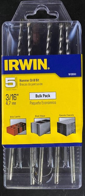 IRWIN 1813550 Hammer Drill Bits 3/16" x 6" Long Straight Shank 5pc Pack