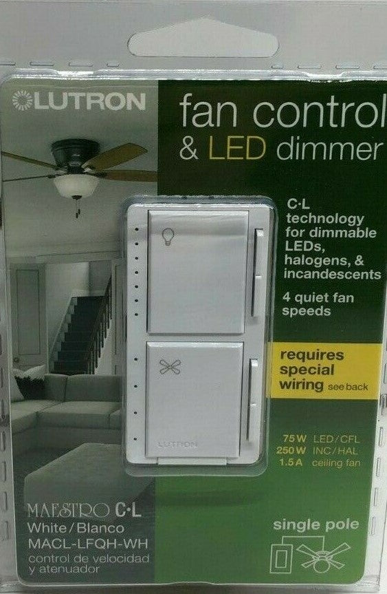 Lutron MACL-LFQH-WH Maestro Fan Control & LED Dimmer White