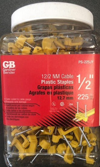 Gardner Bender PS-225JY ½" Cable Plastic Staples 225 Pieces USA