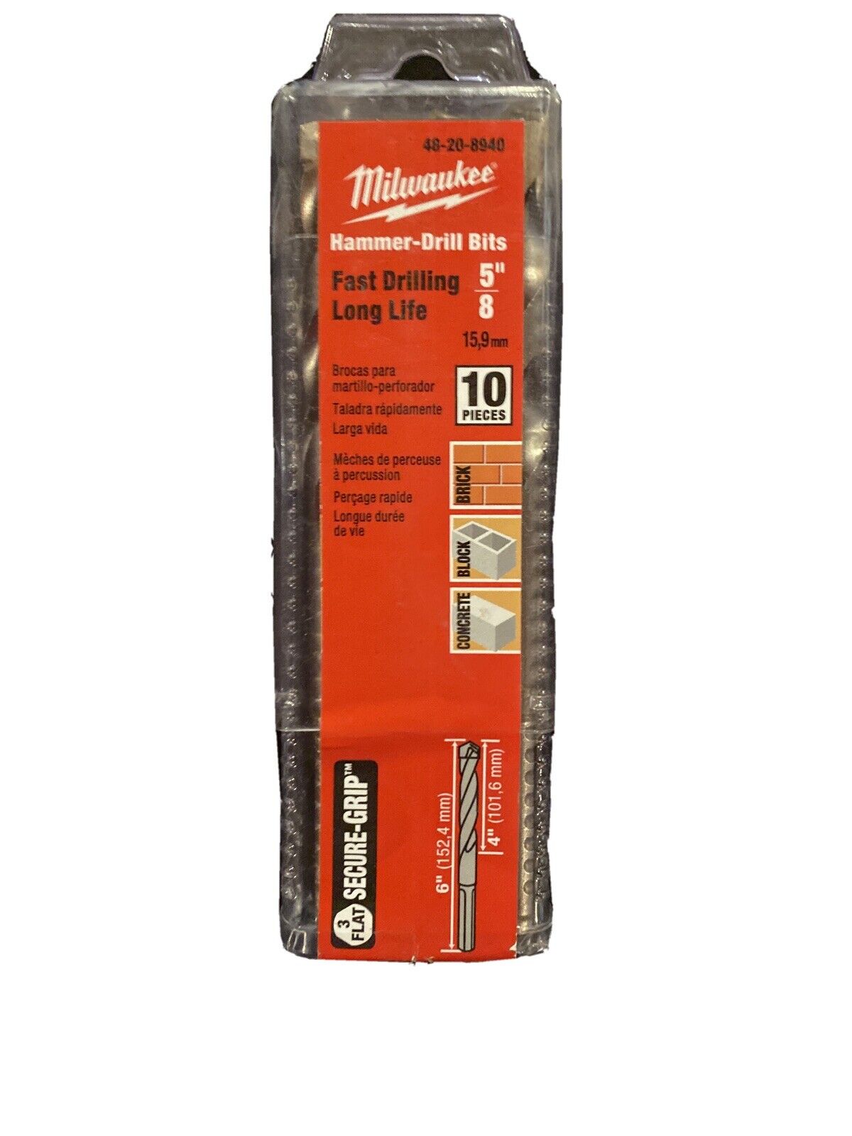 Milwaukee 48-20-8940 Hammer Drill Bits 5/8” X 4 X 6 In (10 Pc ) Germany