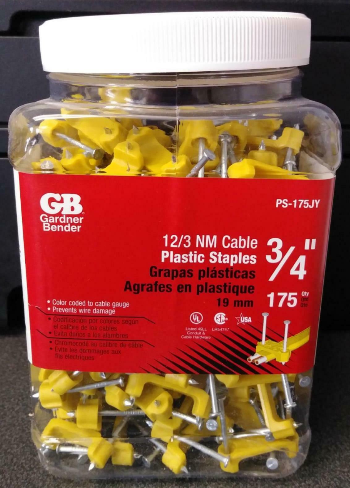 Gardner Bender PS-175JY 3/4" 12/3 NM Cable Yellow Plastic Staples 175 Pack USA