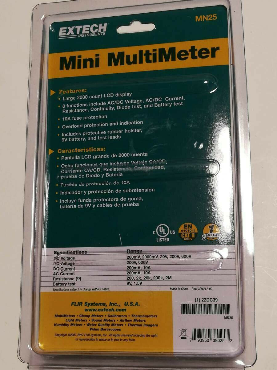 Extech Model MN25 Digital Mini MultiMeter Measures AC/DC Voltage