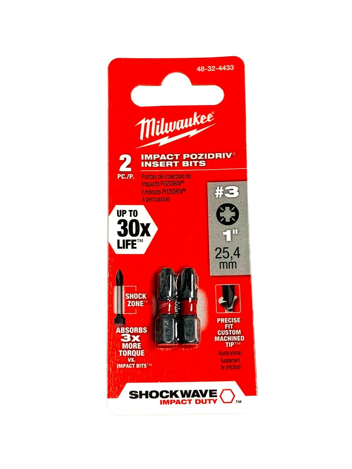 Milwaukee 48-32-4433 Shockwave 1 in. Pozidriv #3 Insert Bits 2PK