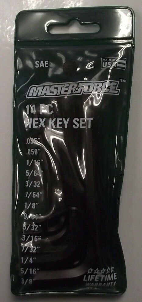 Masterforce BMF22470 14pc Hex Key Set SAE .035 to 3/8" USA
