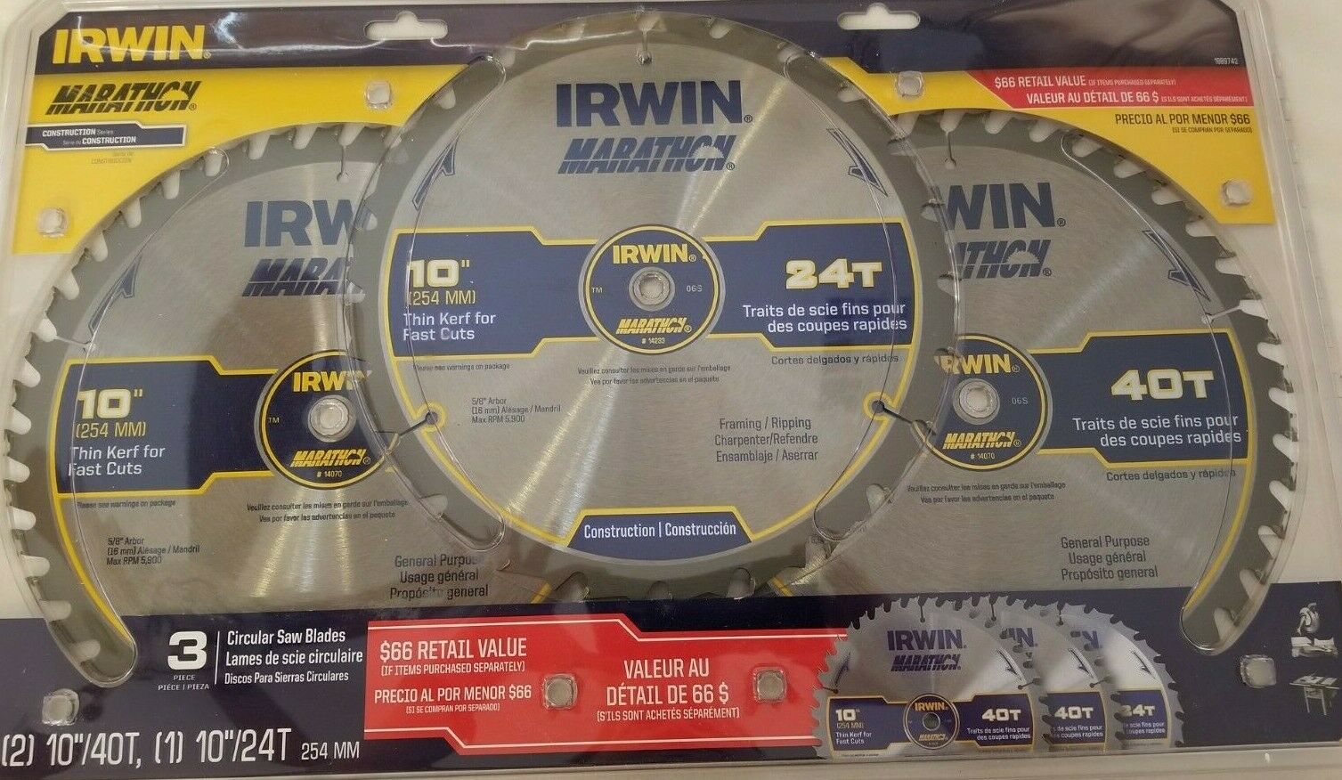 Irwin 1989742 3pc. Blade Set 2 - 10" x 40 Tooth  1 - 10" x 24 Tooth Circular Saw