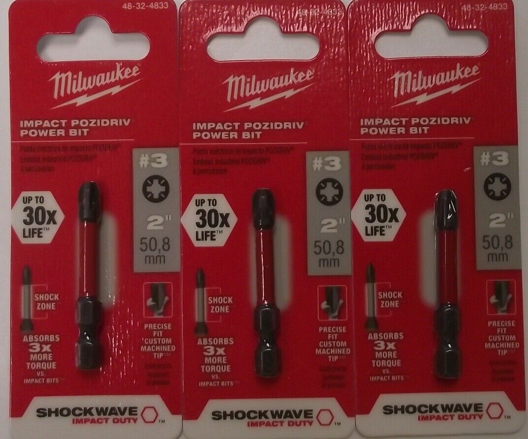 Milwaukee 48-32-4833 Shockwave 2" Impact Pozidriv #3 Power Bit 3pcs.