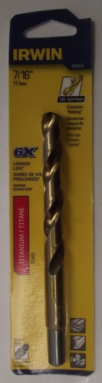 Irwin 1862932 7/16" 3/8" Reduced Shank Drill Bit Titanium Nitride 5-1/2" Long