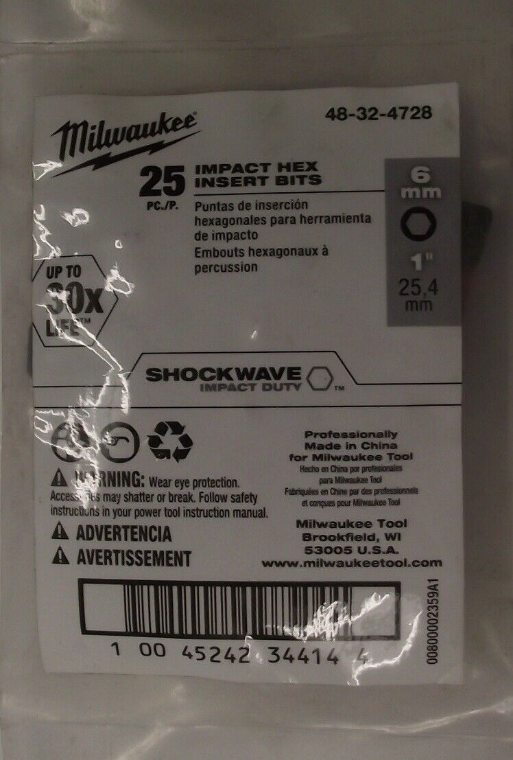 Milwaukee 48-32-4728 SHOCKWAVE Insert Bit Hex 6 MM - BULK (25pcs)