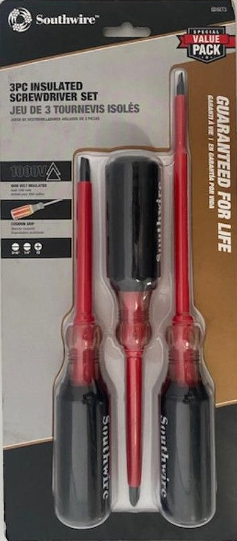 Southwire SDISET3 3-Pc Insulated Screwdriver Set 1000V 1/4" & 3/16" Slotted #2 Phillips