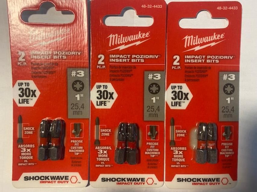 Milwaukee 48-32-4433 Shockwave 1 in. Pozidriv #3 Insert Bits 3 - 2PK's